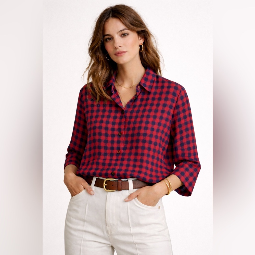 Vintage Dana Paris Silk Red Navy Buffalo Check button Shirt 3/4 sleeve Preppy M